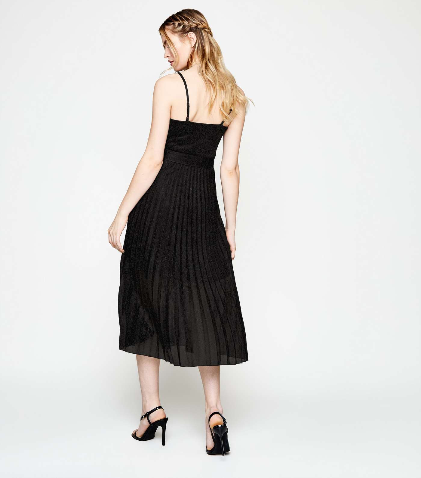 Black Glitter Belted Pleated Midi Dress Image 3