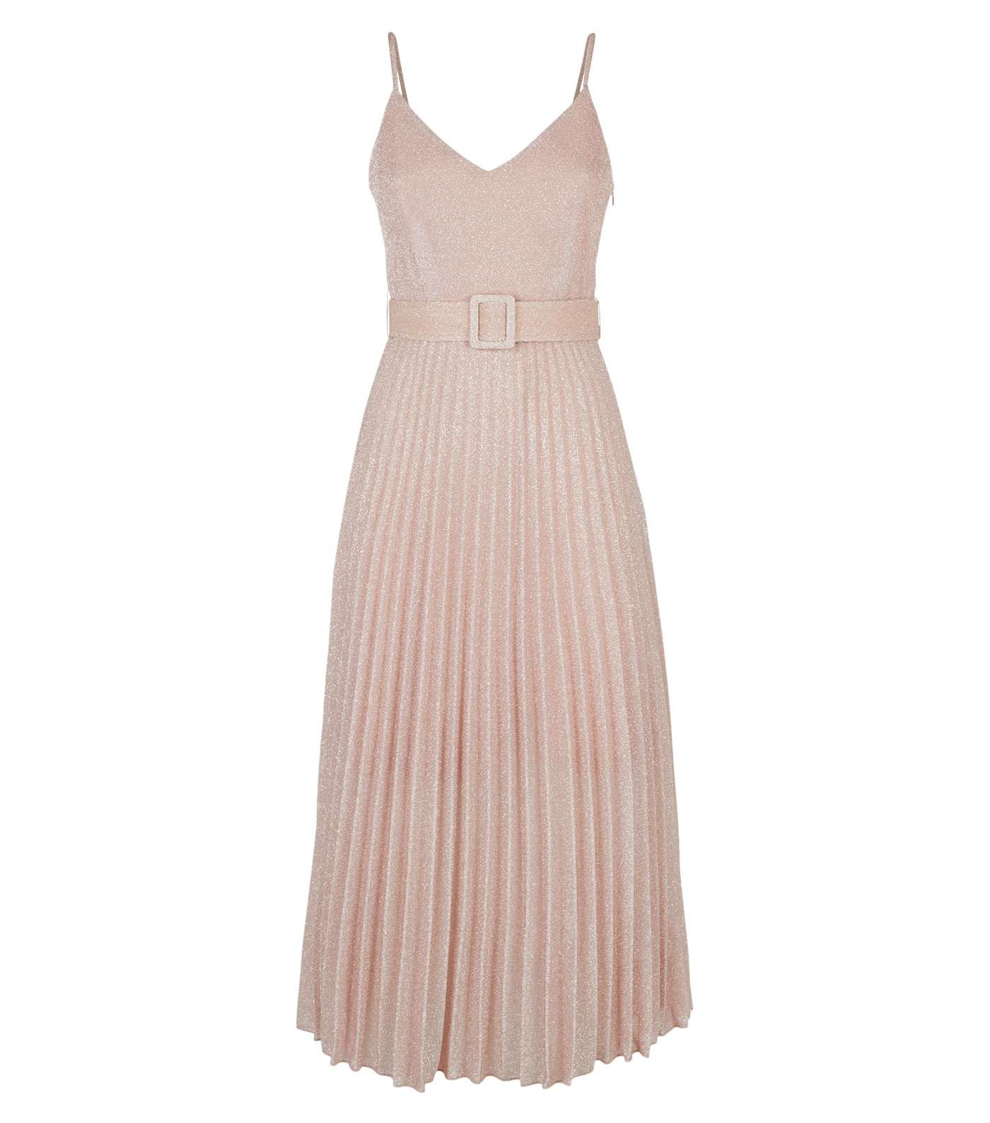 Pale Pink Glitter Belted Pleated Midi Dress Image 4