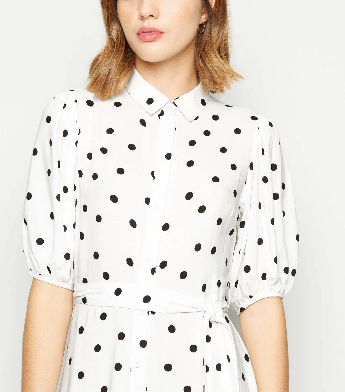 White Spot Puff Sleeve Midi Shirt Dress Image 4
