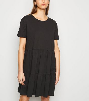 Black Short Sleeve Mini Smock Dress 
