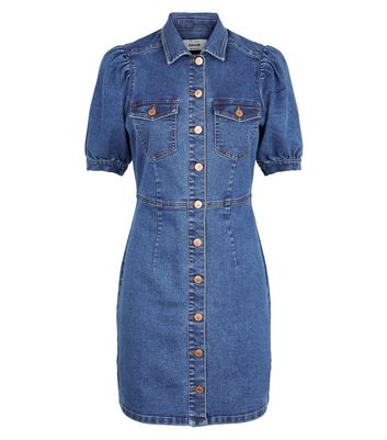 Image of Blue Puff Sleeve Denim Dress New Look