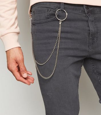 Pale Grey Chain Skinny Stretch Jeans 
