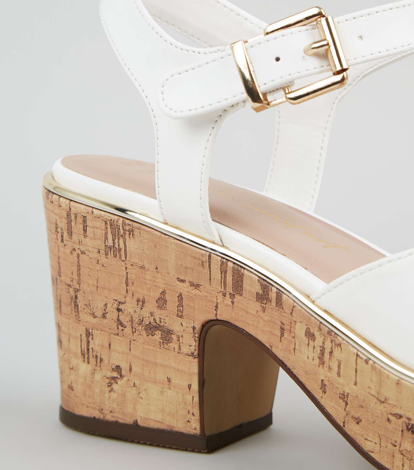 Wide Fit White Leather-Look Cork Block Heel Sandals Image 3