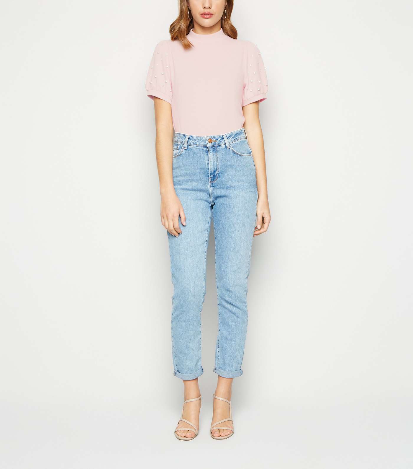 Pale Pink Faux Pearl High Neck T-Shirt Image 2