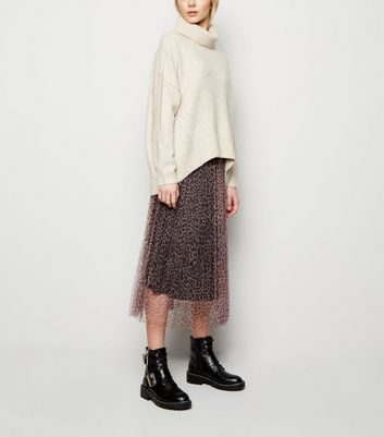 Image of Brown Leopard Print Mesh Pleated Midi Skirt New Look