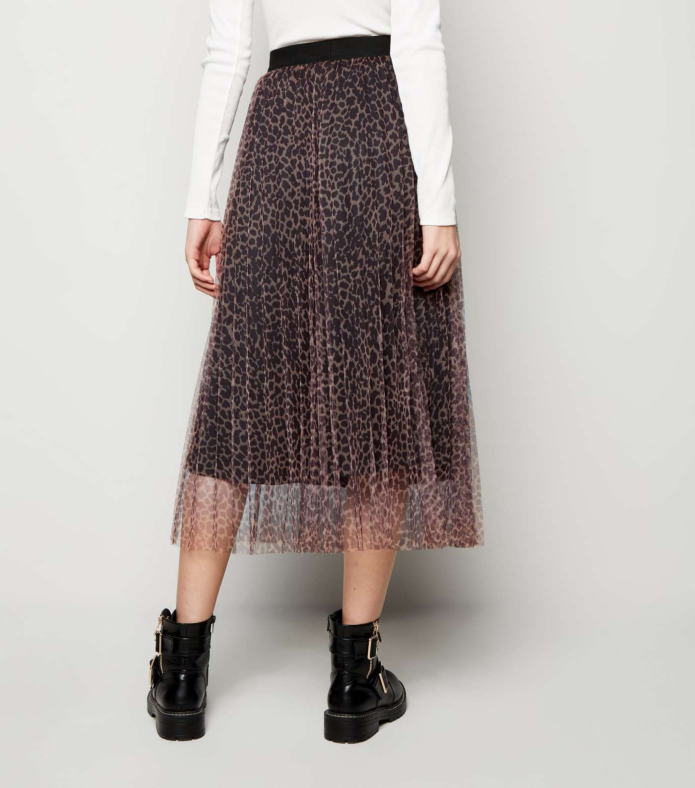 Brown Leopard Print Mesh Pleated Midi Skirt Image 3