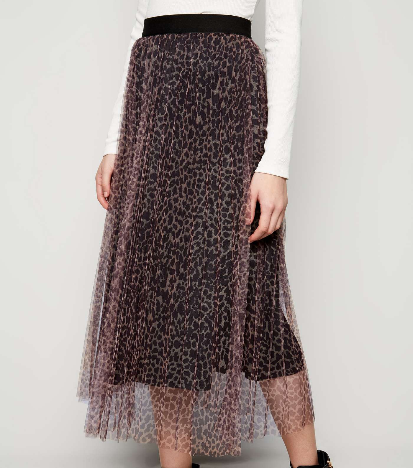 Brown Leopard Print Mesh Pleated Midi Skirt Image 5