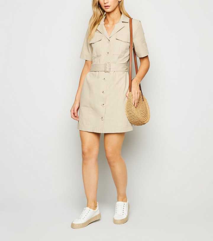 casey beige mini dress Vanita Beige Denim Midi Dress with Pockets
