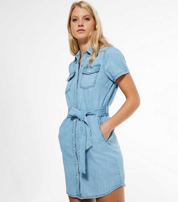 Pale Blue Button Up Denim Mini Dress