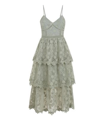 Image of Light Green Floral Lace Tiered Maxi Dress New Look