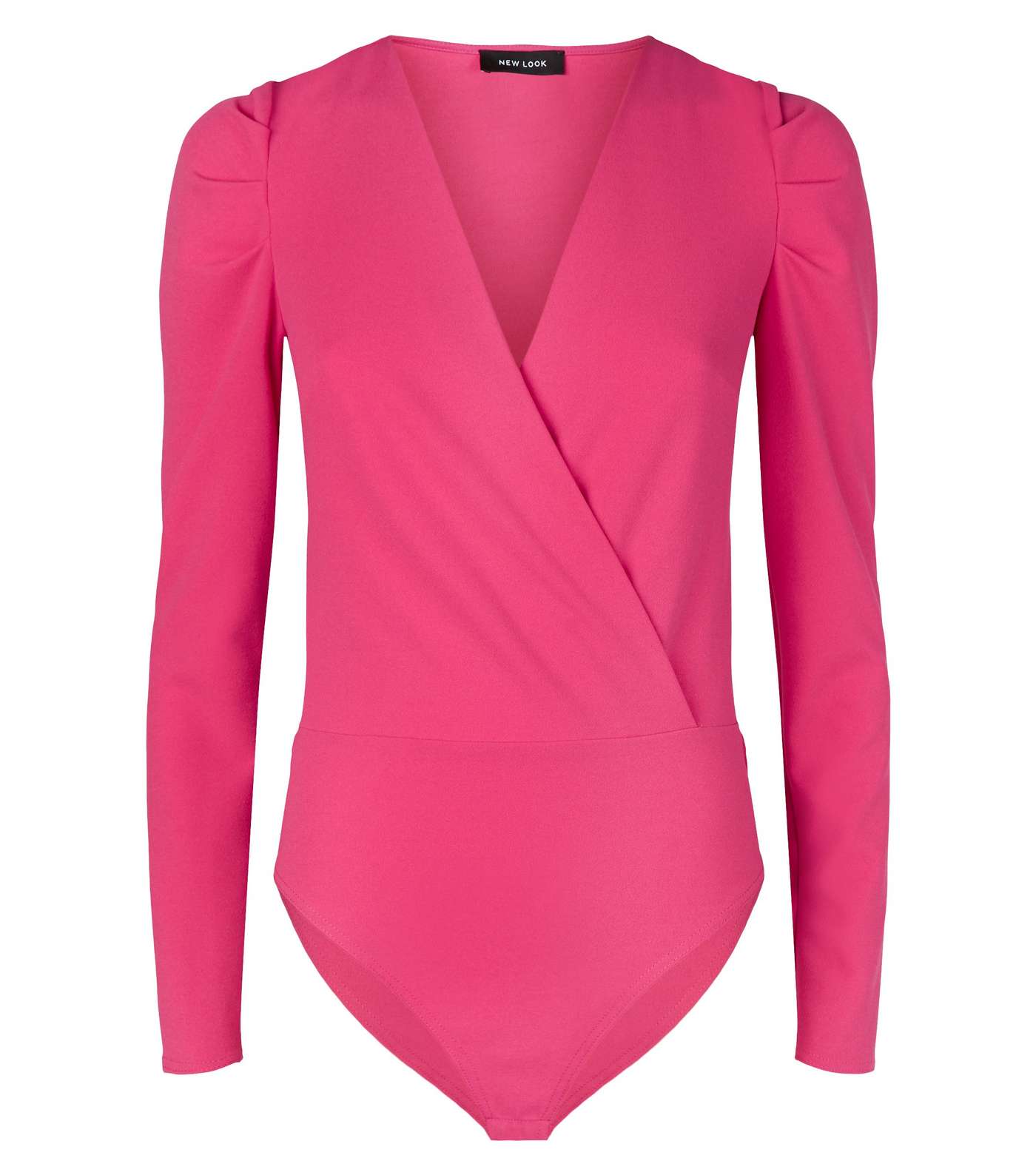 Bright Pink Long Puff Sleeve Wrap Bodysuit Image 4