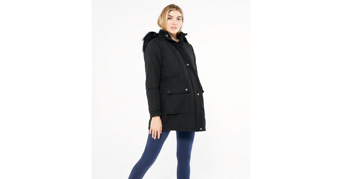 Maternity Black Faux Fur Hooded Parka Coat New Look