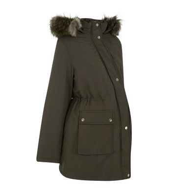 Maternity Khaki Faux Fur Hooded Parka Coat New Look