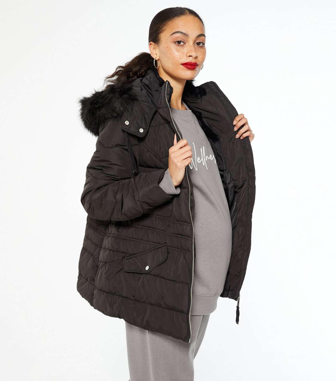 Maternity Black Faux Fur Puffer Jacket