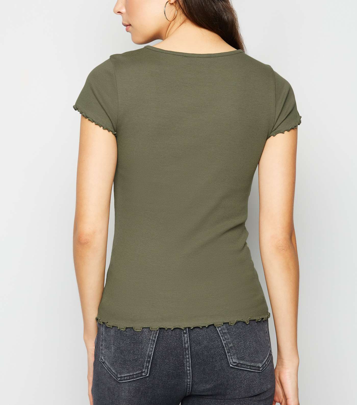 Khaki Frill Trim Cap Sleeve T-Shirt Image 3