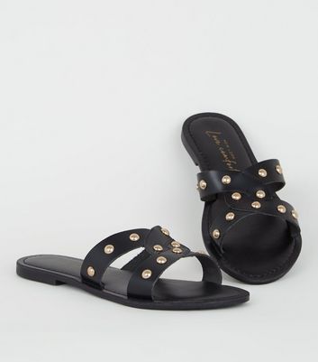 womens black studded sliders