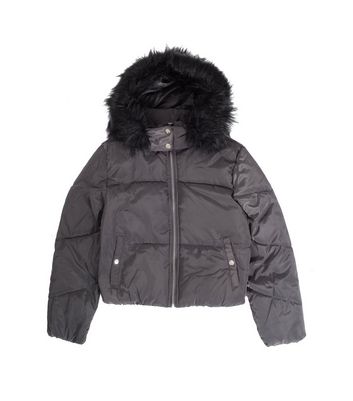 Girls Black Faux Fur Hooded Puffer 