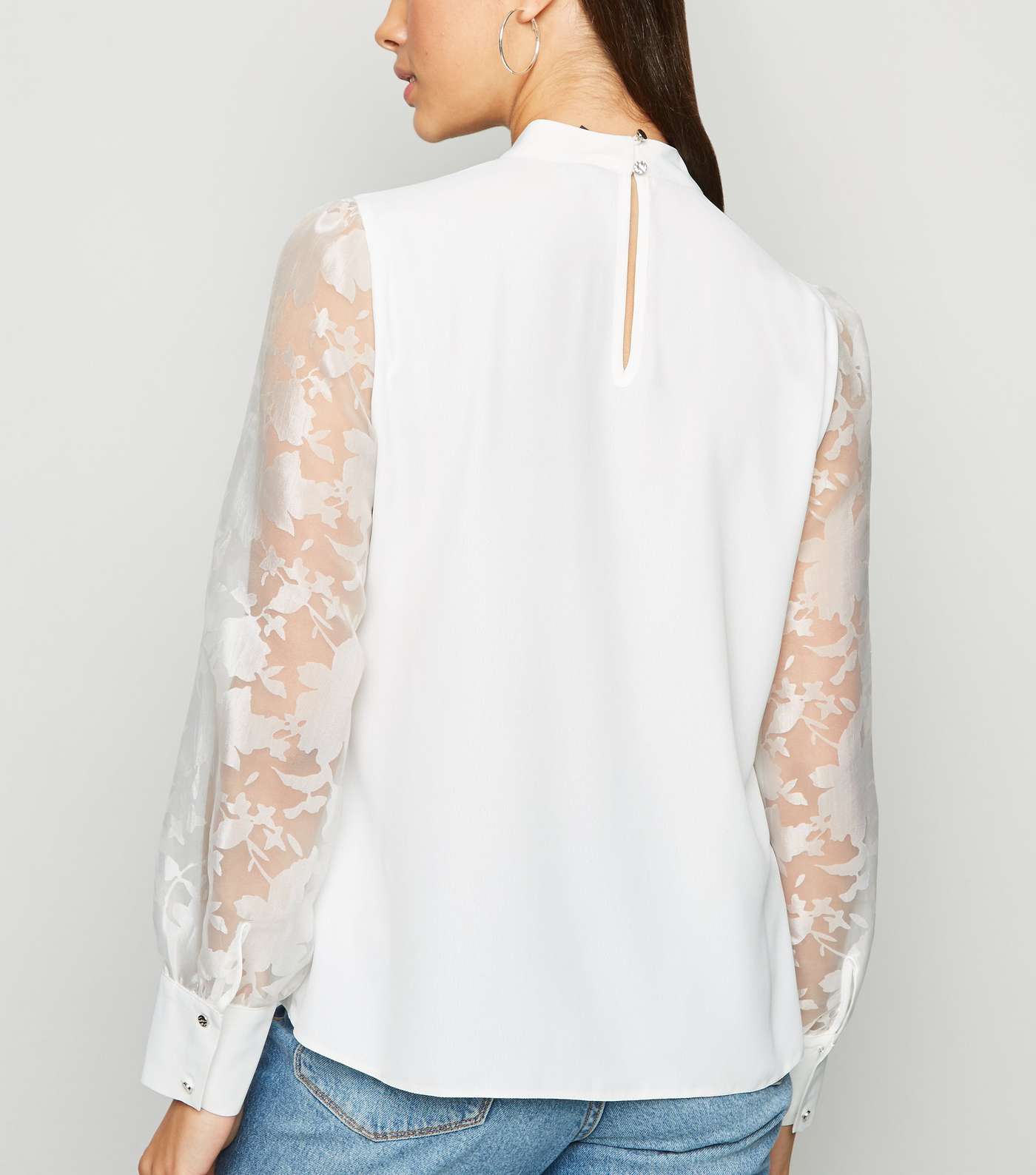 White High Neck Puff Organza Sleeve Blouse Image 3