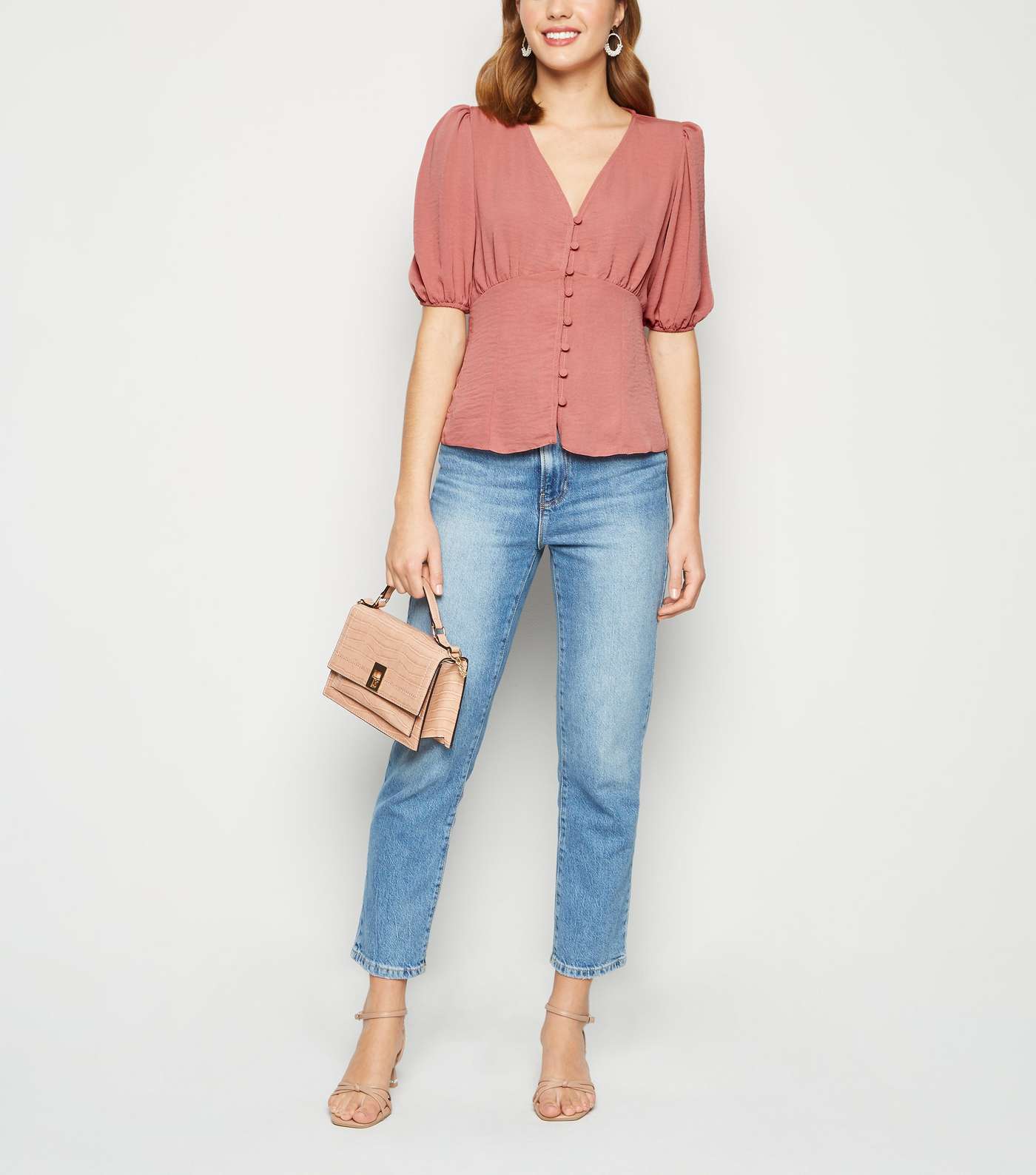 Mid Pink Button Front Puff Sleeve Blouse Image 2