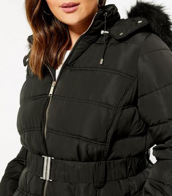 new look black belted puffer jacket