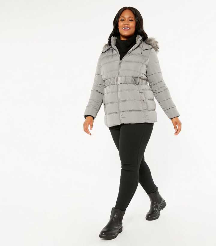 New Look belted padded jacket in grey