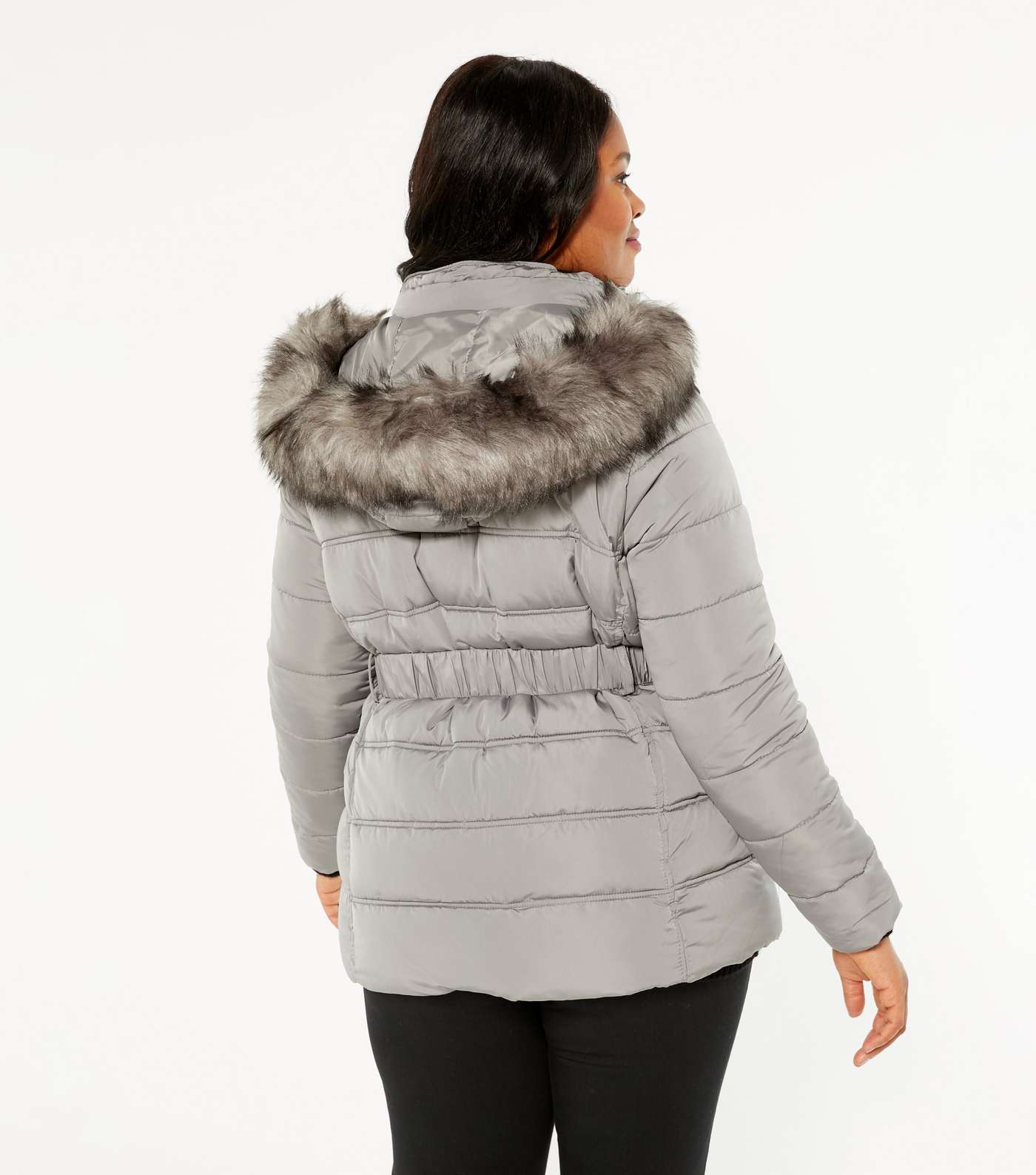 Curves Dark Grey Belted Faux Fur Puffer Jacket Image 3