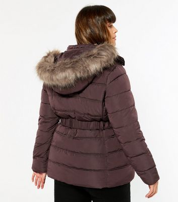 burgundy belted puffer coat