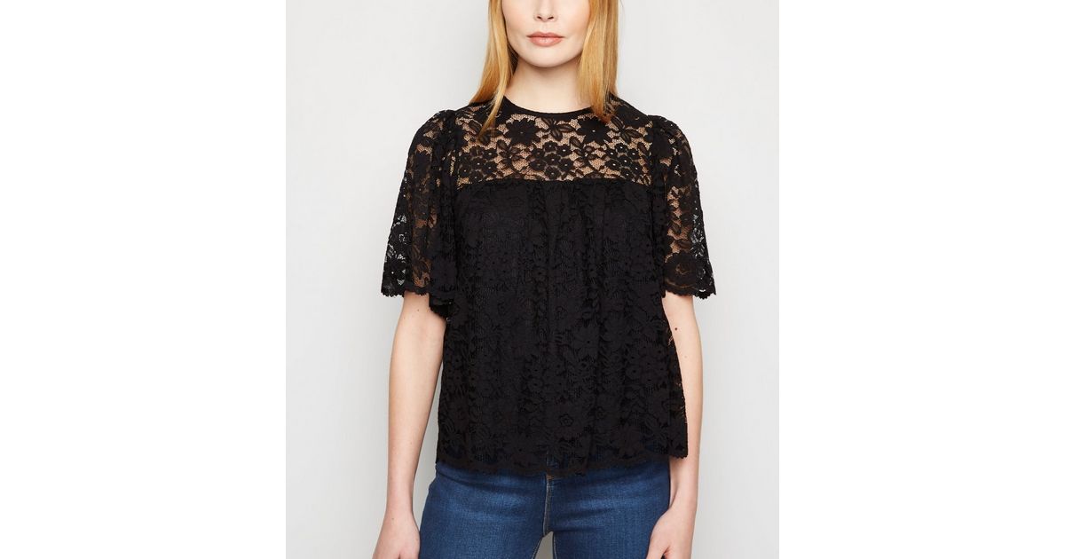 Black Lace Flutter Sleeve Top | New Look