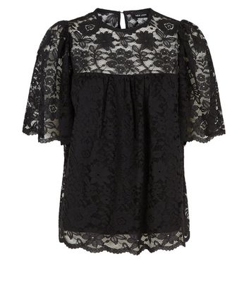 Image of Black Lace Flutter Sleeve Top New Look