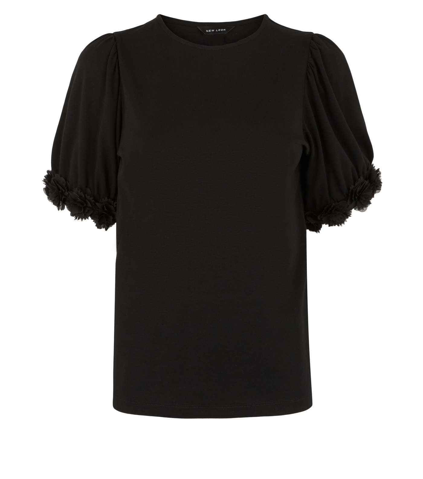 Black Floral Trim Puff Sleeve T-Shirt  Image 4