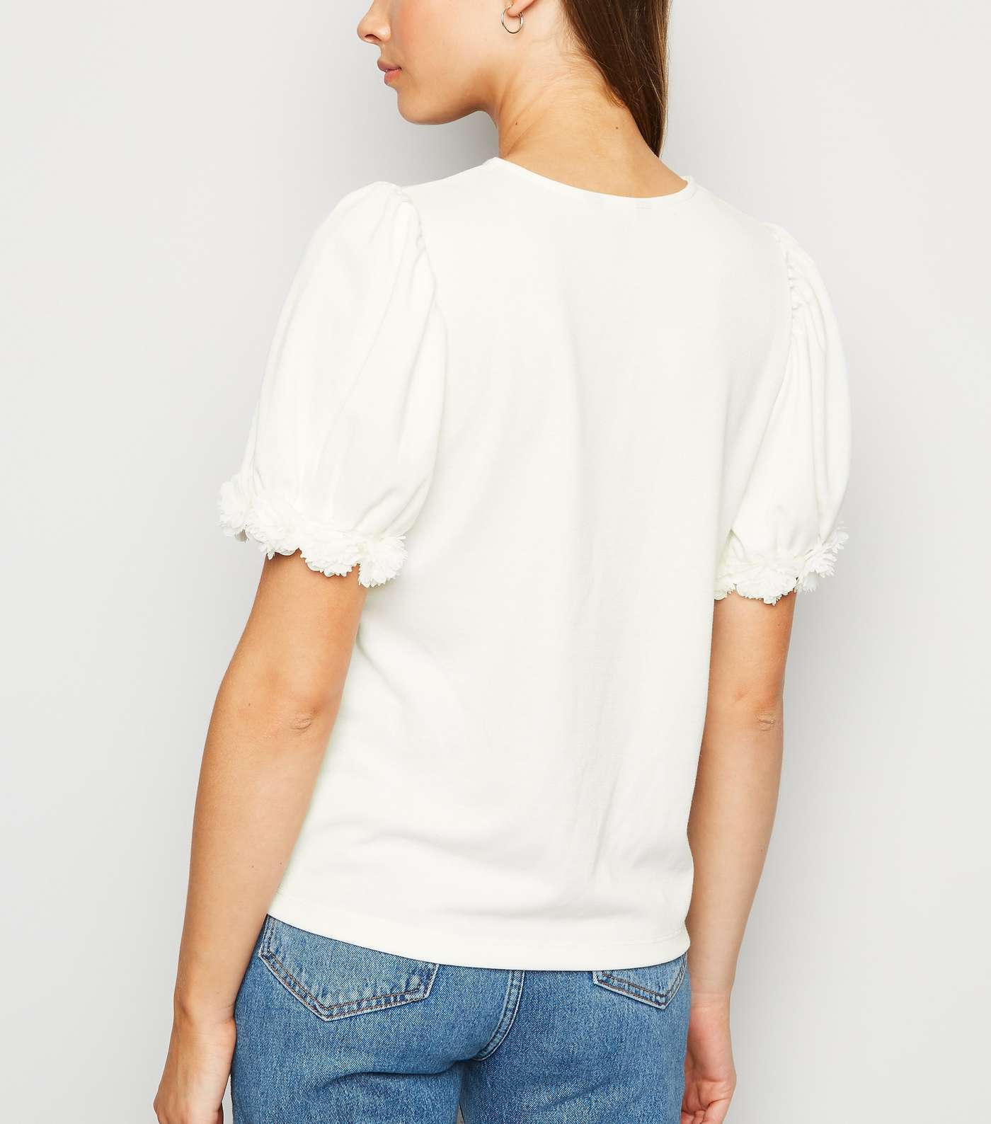White Floral Trim Puff Sleeve T-Shirt  Image 3