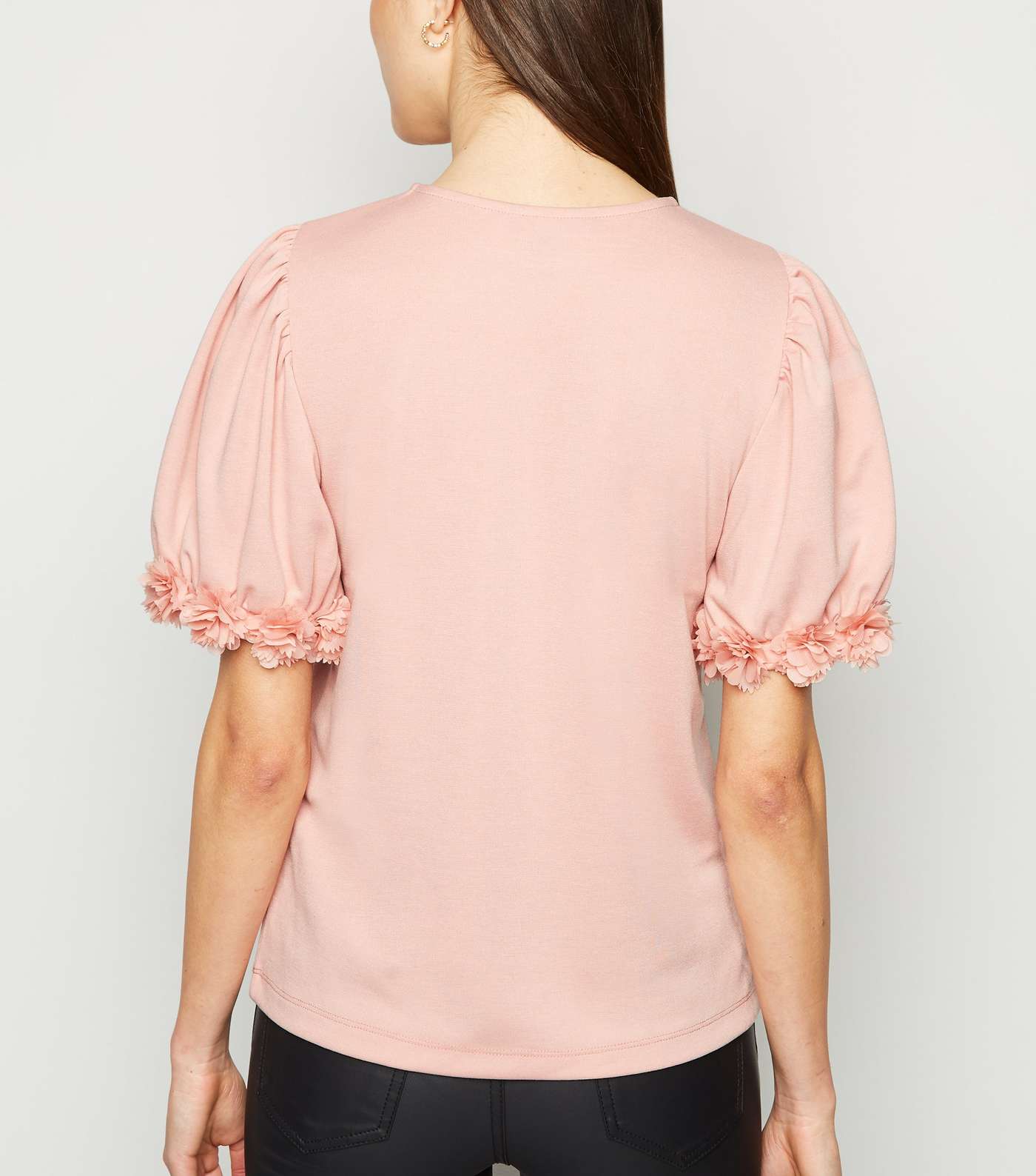 Pale Pink Floral Trim Puff Sleeve T-Shirt  Image 3