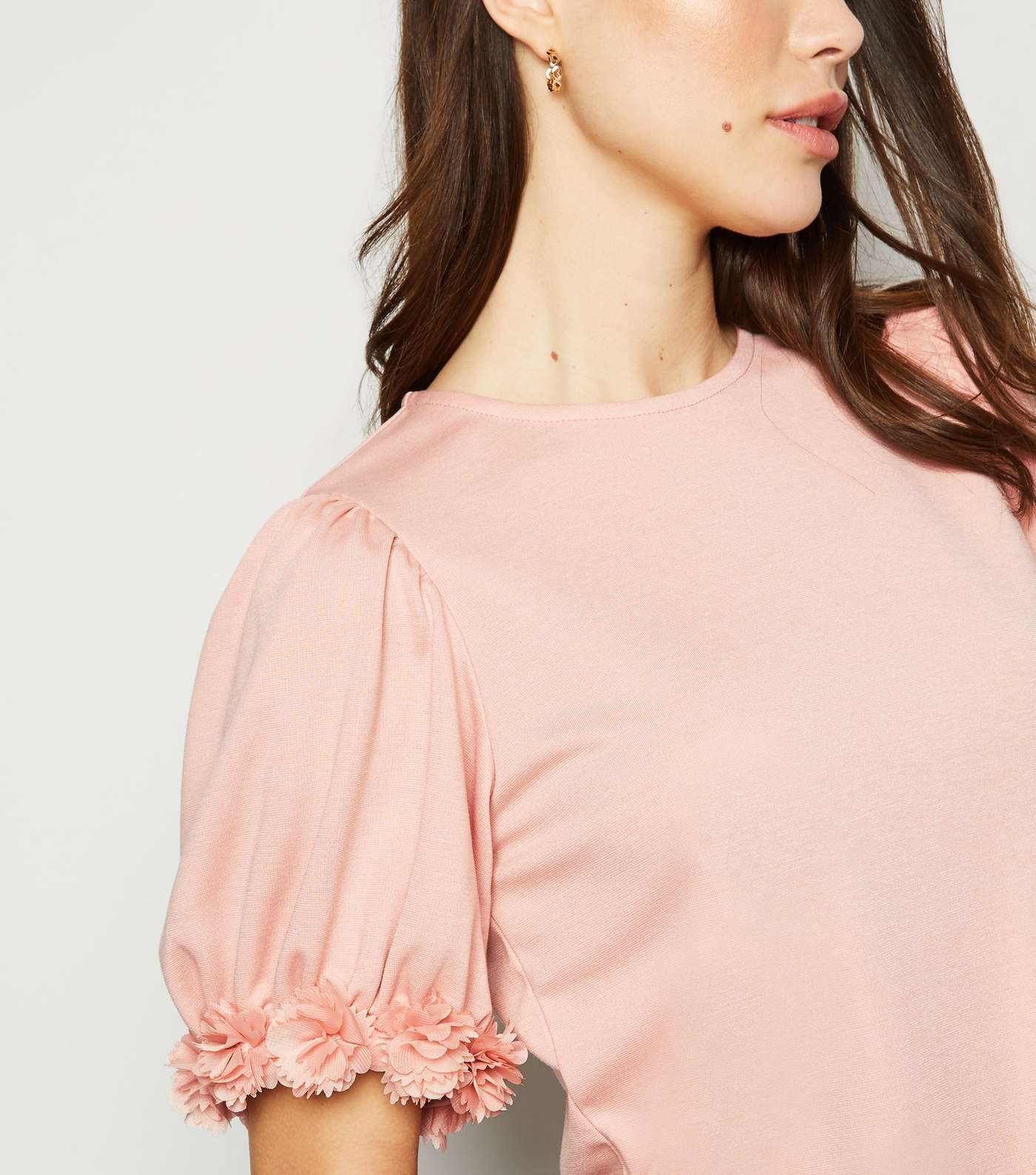 Pale Pink Floral Trim Puff Sleeve T-Shirt  Image 5