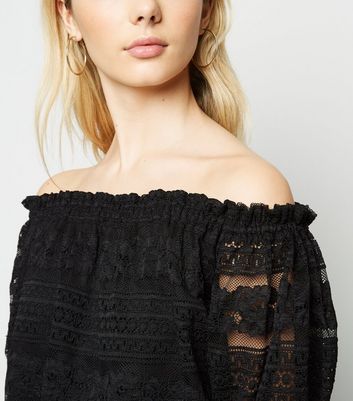 Image of Black Lace Puff Sleeve Bardot Top New Look