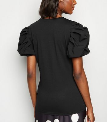 Image of Black Poplin Ruched Sleeve Crew Neck Top New Look