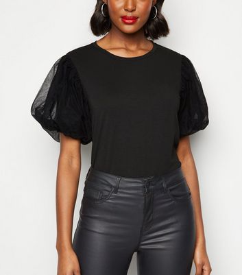 Black Mesh Puff Sleeve Top | New Look