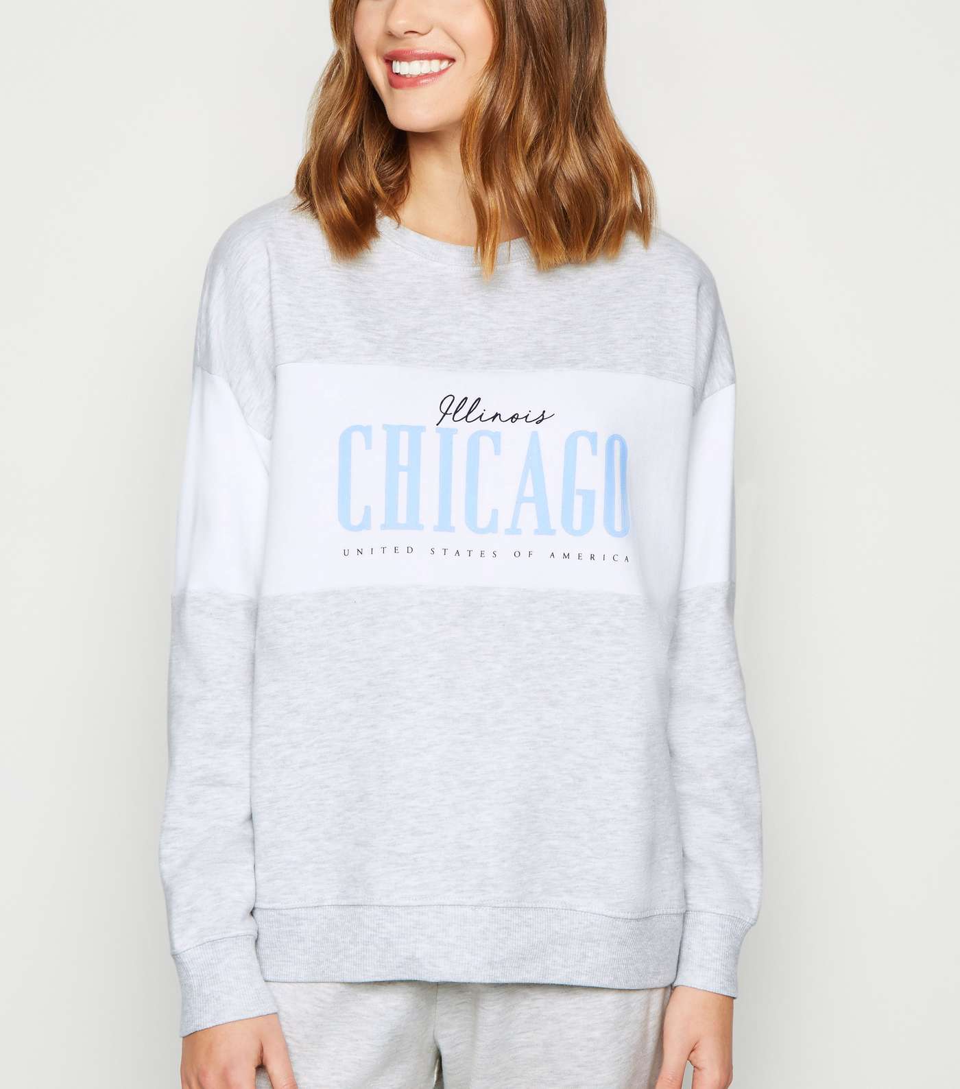 Grey Colour Block Chicago Slogan Sweatshirt