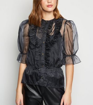 Image of Black Organza Frill Trim Blouse New Look