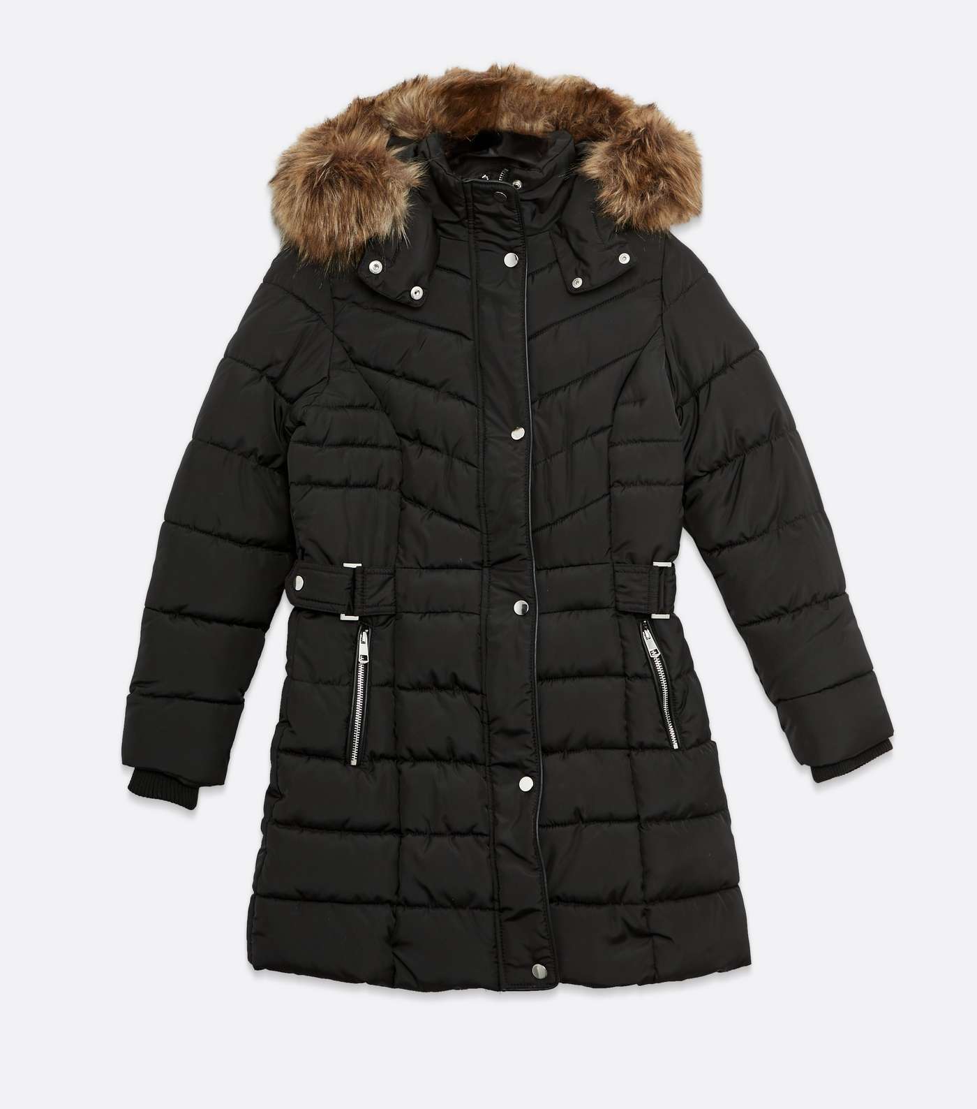 Petite Black Faux Fur Hood Tab Waist Puffer Jacket Image 6