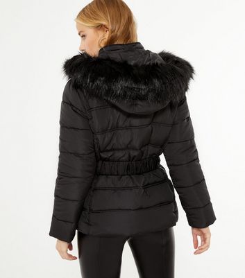 Faux Fur Belted Puffer Jacket 