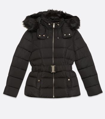 ax paris belted padded jacket with faux fur lining