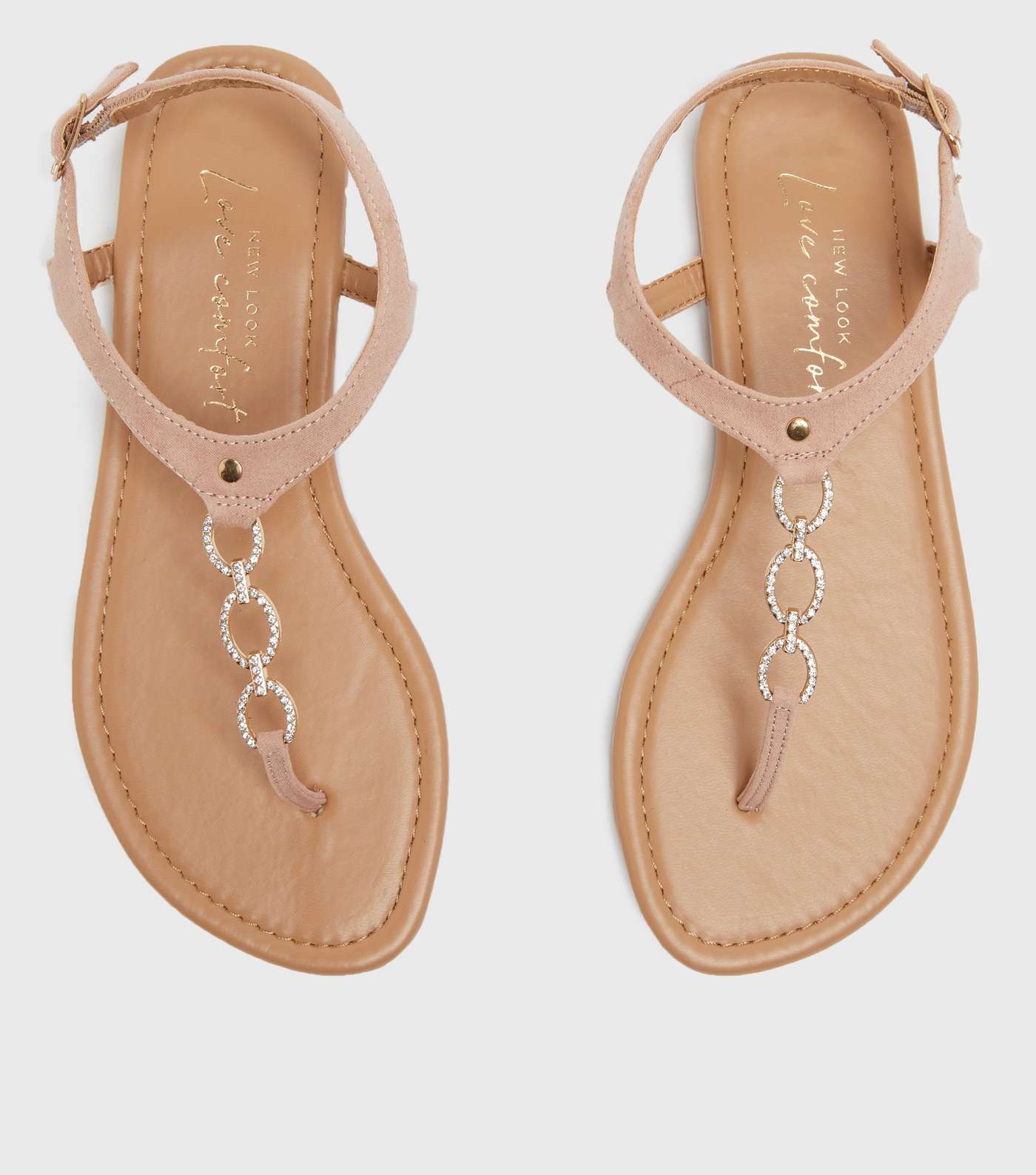 Wide Fit Pink Diamanté Loop Strap Flat Sandals