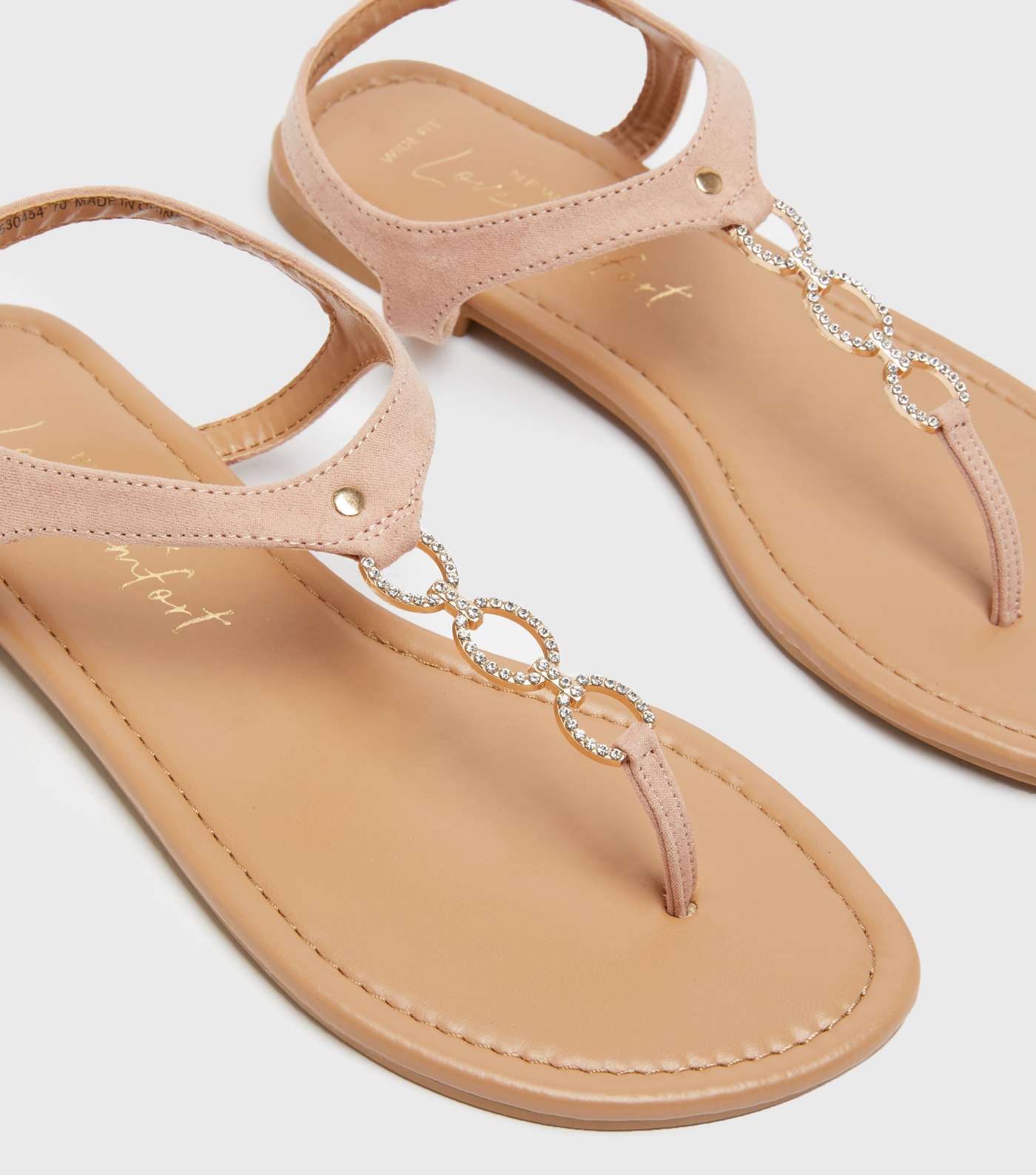Wide Fit Pink Diamanté Loop Strap Flat Sandals Image 3