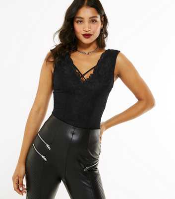 Black Lace Plunge Cross Strap Bodysuit