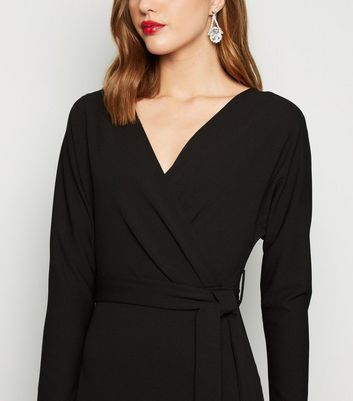 Image of Black V Back Long Sleeve Wrap Dress New Look