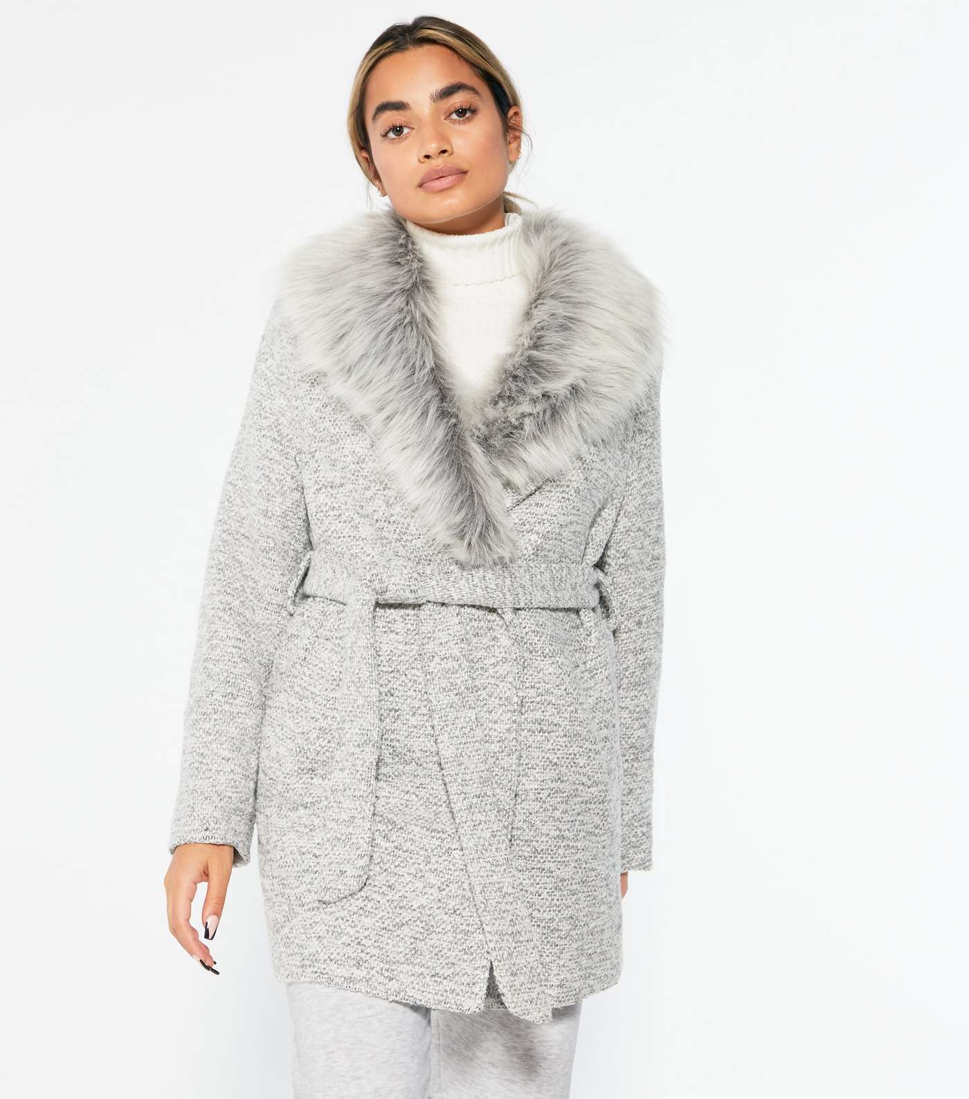 Petite Pale Grey Faux Fur Collar Belted Coat Image 2