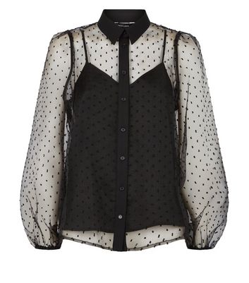 Image of Black Spot Mesh Puff Sleeve Shirt New Look