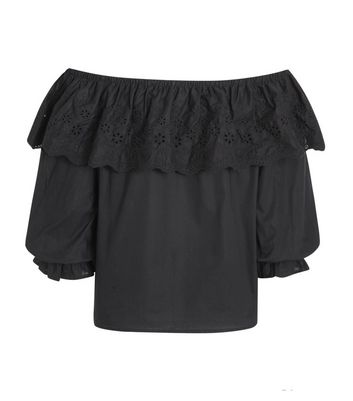 Image of Black Poplin Broderie Trim Bardot Top New Look