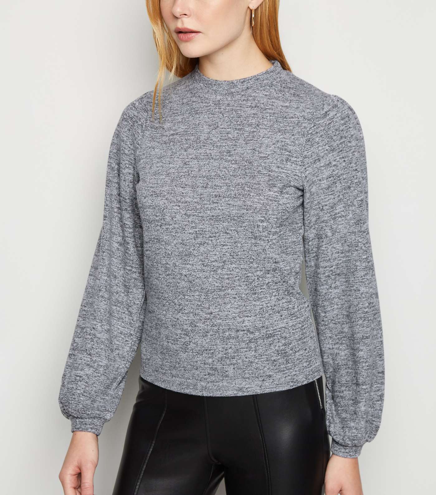 Grey Brushed Knit Puff Sleeve Jumper