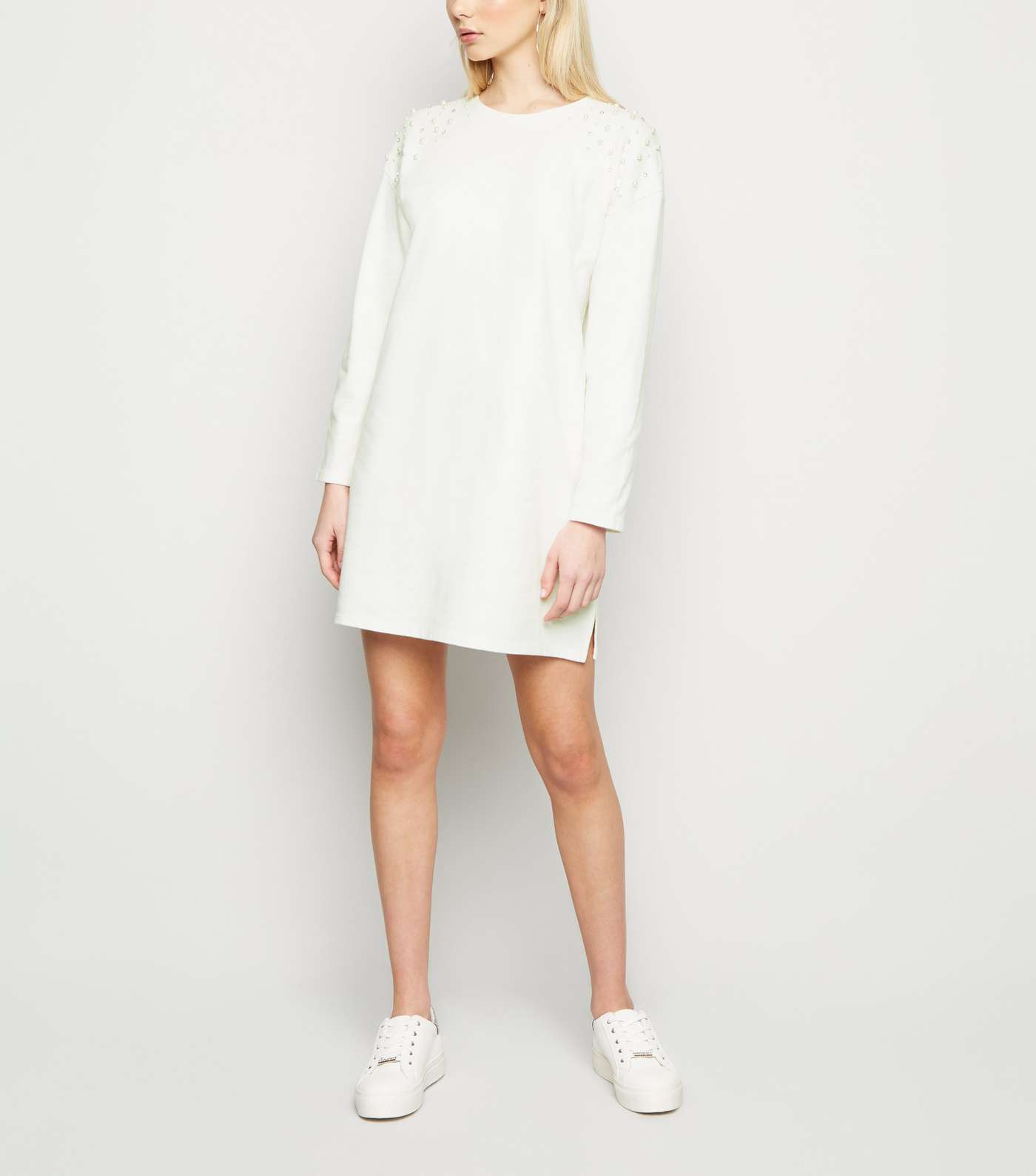 White Faux Pearl Sweatshirt Dress Image 2